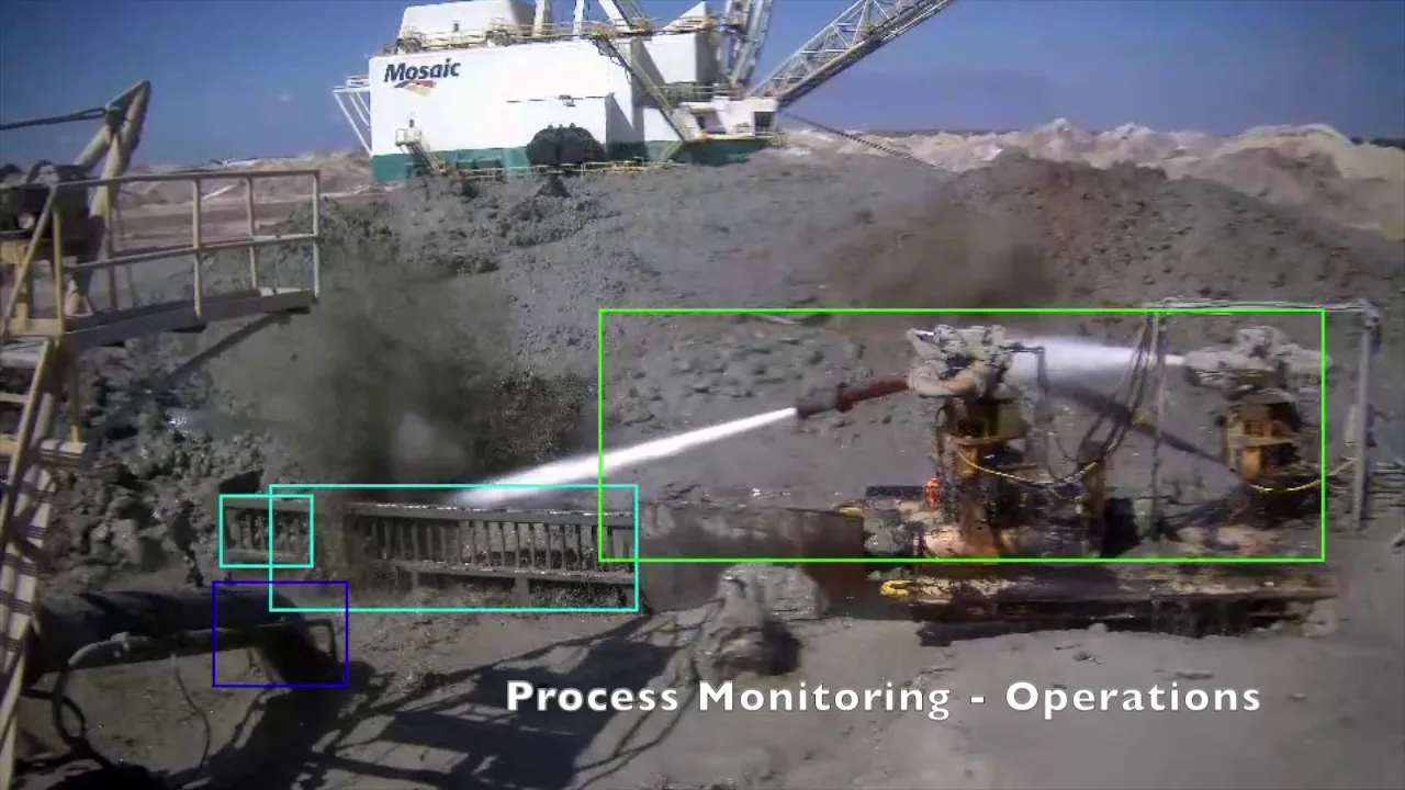 AI vision camera view monitoring a mining sump process, with detection boxes around equipment