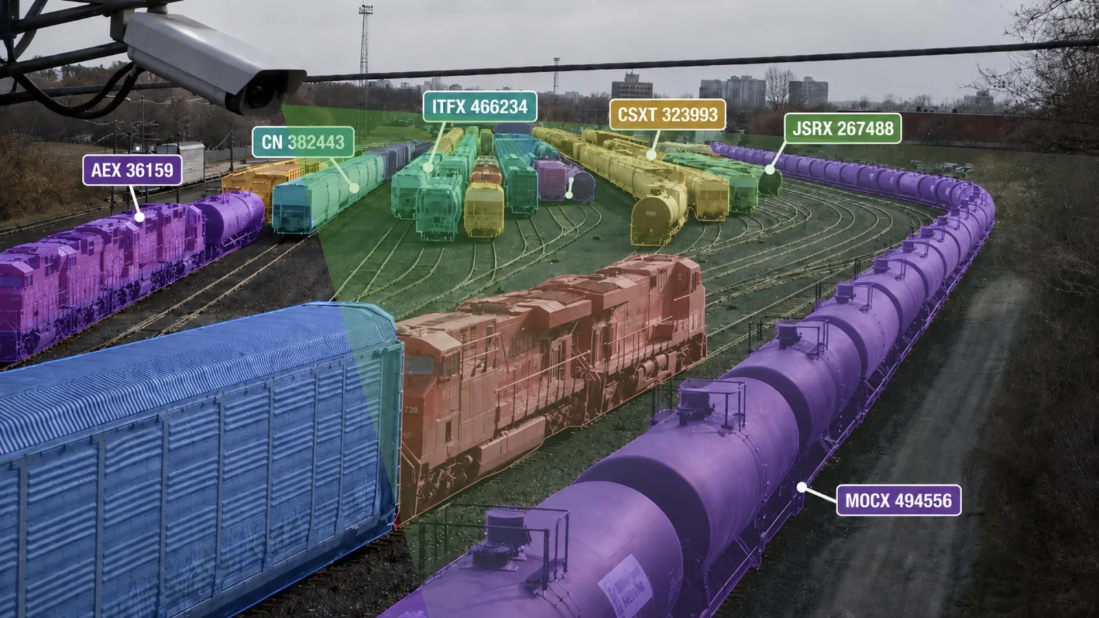 Elevated camera view of a rail yard with each railcar highlighted and labeled with its reporting mark and number