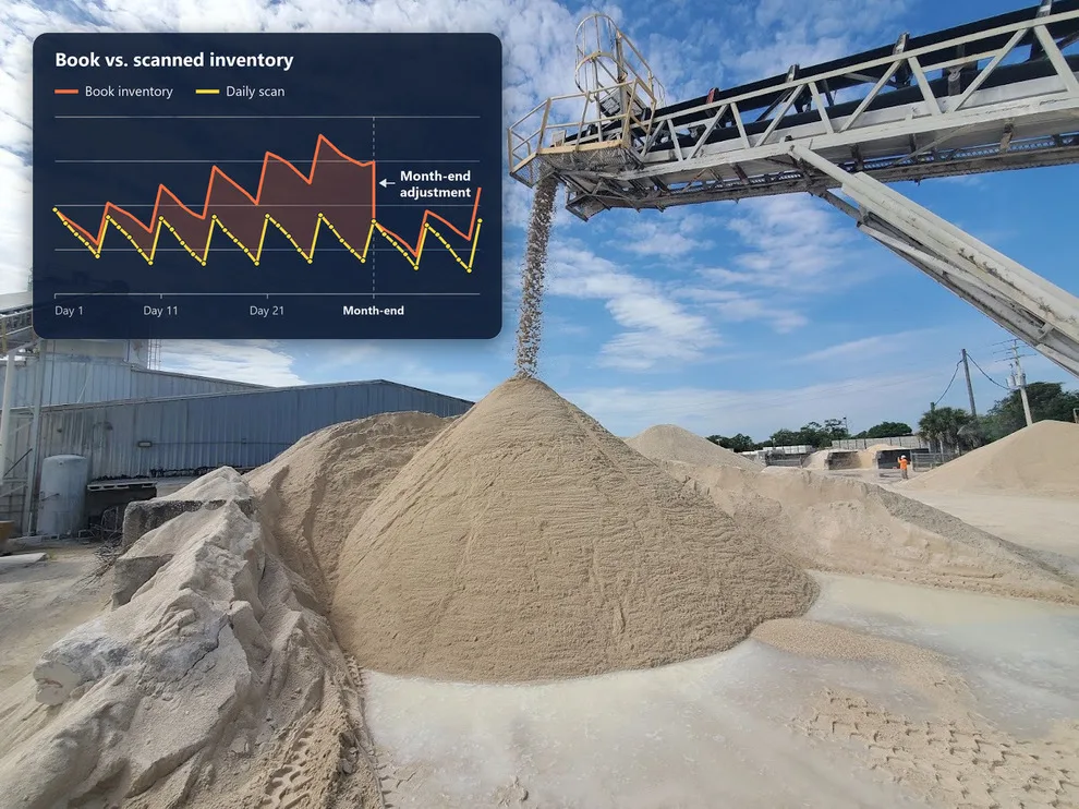 Sand stockpile under a conveyor with a chart showing book inventory drifting above daily scanned inventory, then dropping at month-end