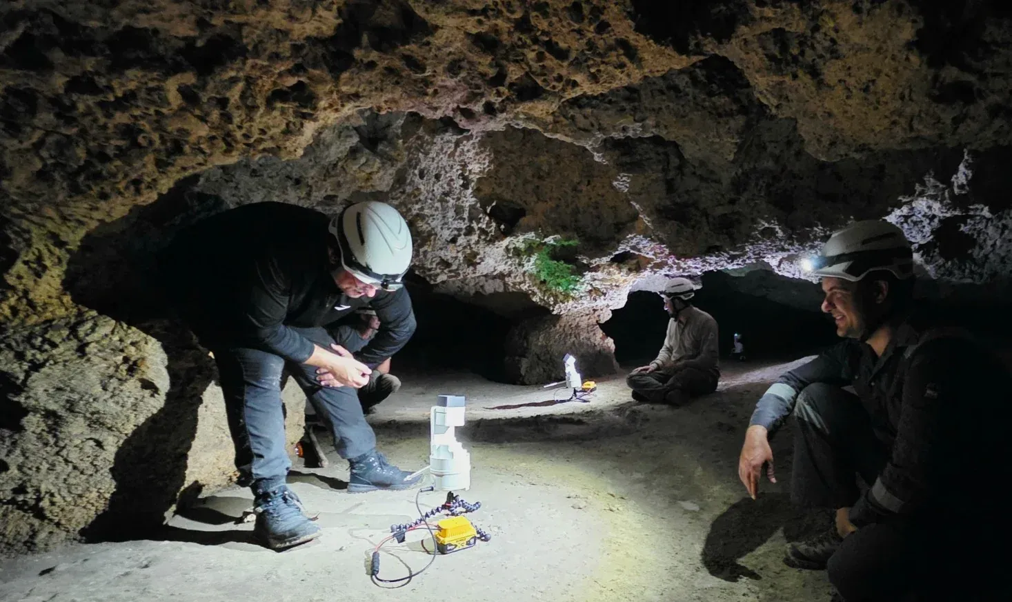 Team scanning inside the Bat Cave with a portable EOS2 LiDAR sensor