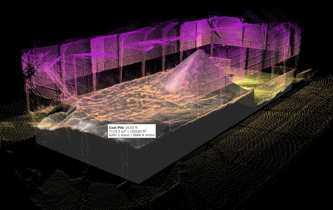 Hyperion point cloud of the indoor coal pile at the Newberry, FL cement plant with its measured volume