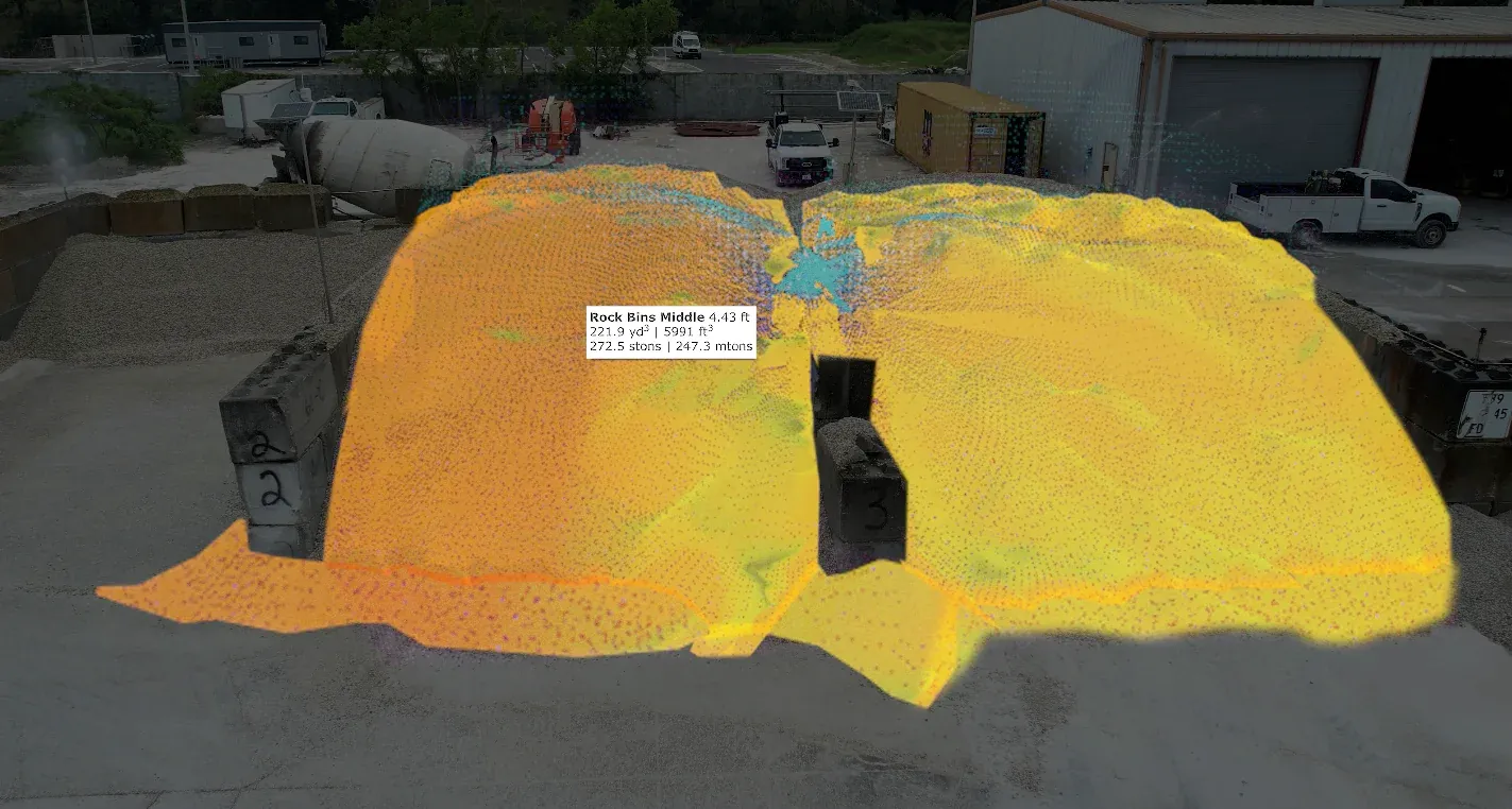 EOS2 LiDAR point cloud overlaid on aggregate stockpiles with calculated volume and tonnage