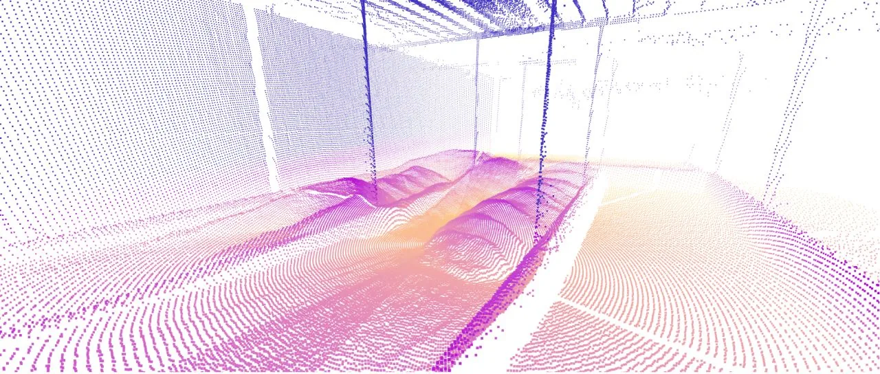 EOS2 LiDAR point cloud of feed commodity bays, colored by pile height