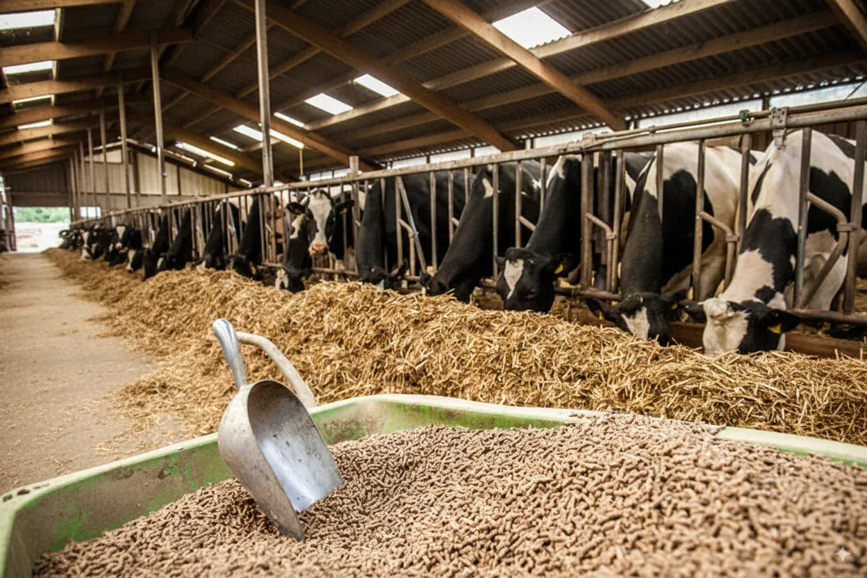 Dairy barn feed bunk with pelleted feed