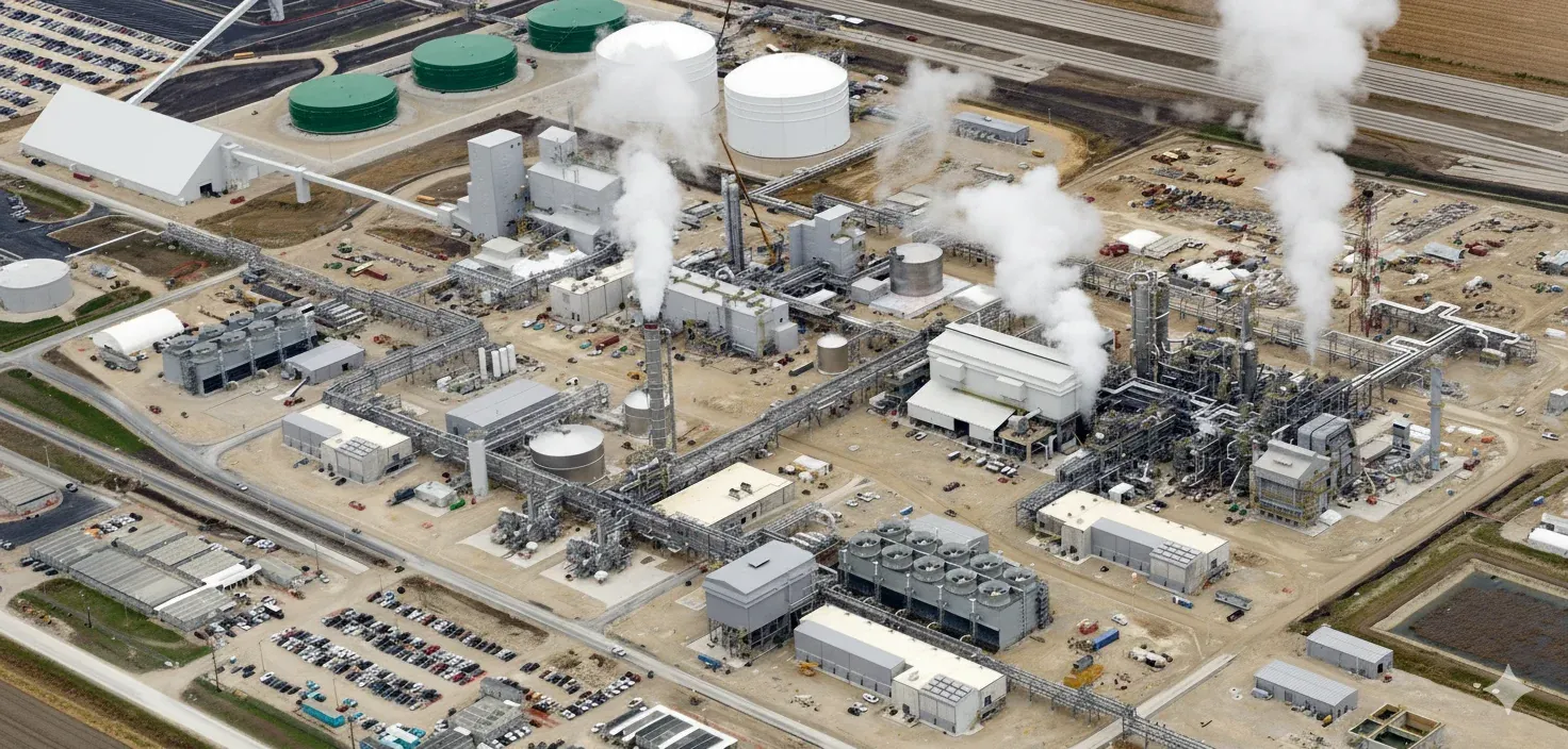 Aerial view of a fertilizer manufacturing plant with bulk storage buildings for stockpile monitoring