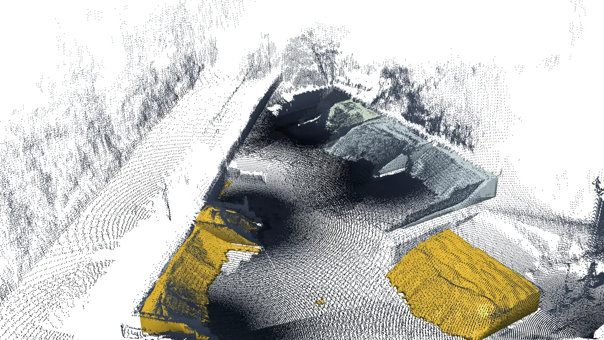 Aggregate yard scanned by EOS2 sensors, with the stockpile surfaces Hyperion reconstructed for each material