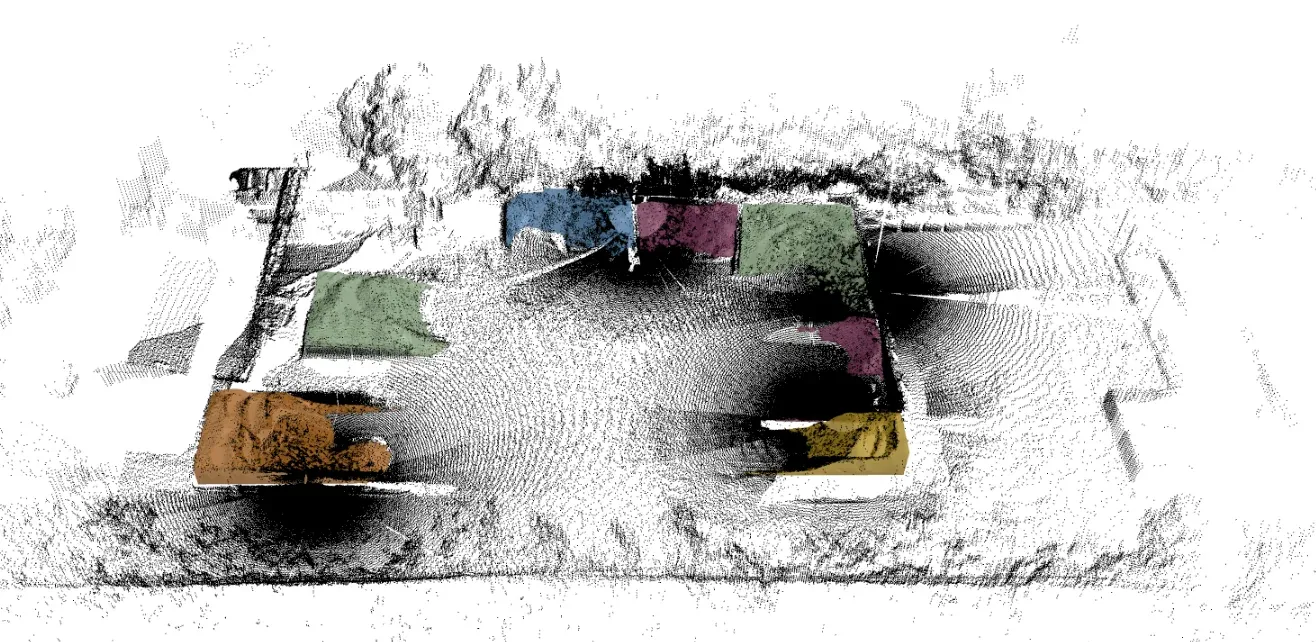 Hyperion LiDAR point cloud of the Quikrete Ocala ready-mix plant with each aggregate bin highlighted