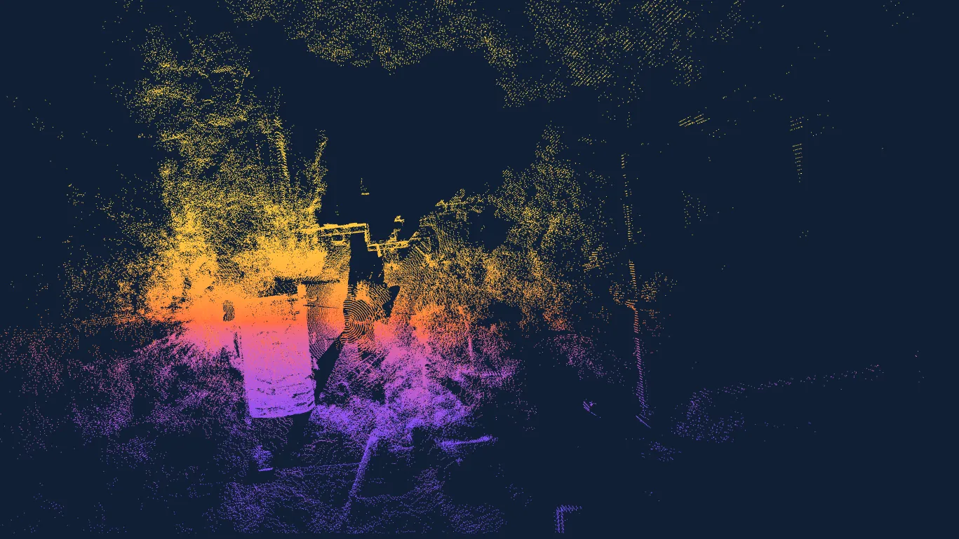 Backyard LiDAR point cloud used to plan a shed location among trees and the house