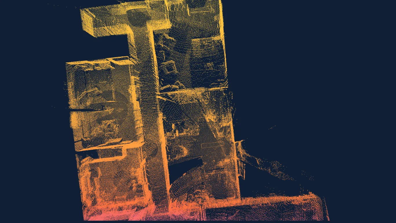 Floor plan view of an office LiDAR point cloud merged from several EOS2 scans, ready for renovation planning