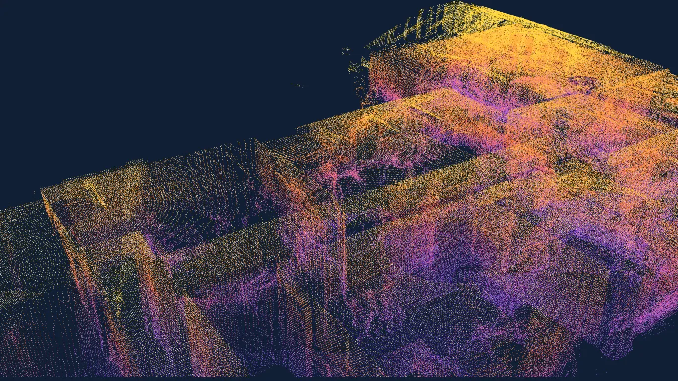 LiDAR point cloud of an office interior showing how laser distance measurements form a 3D model