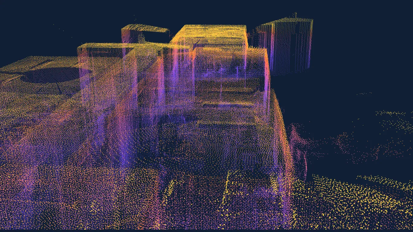 Cutaway view of an EOS2 LiDAR point cloud of an office interior