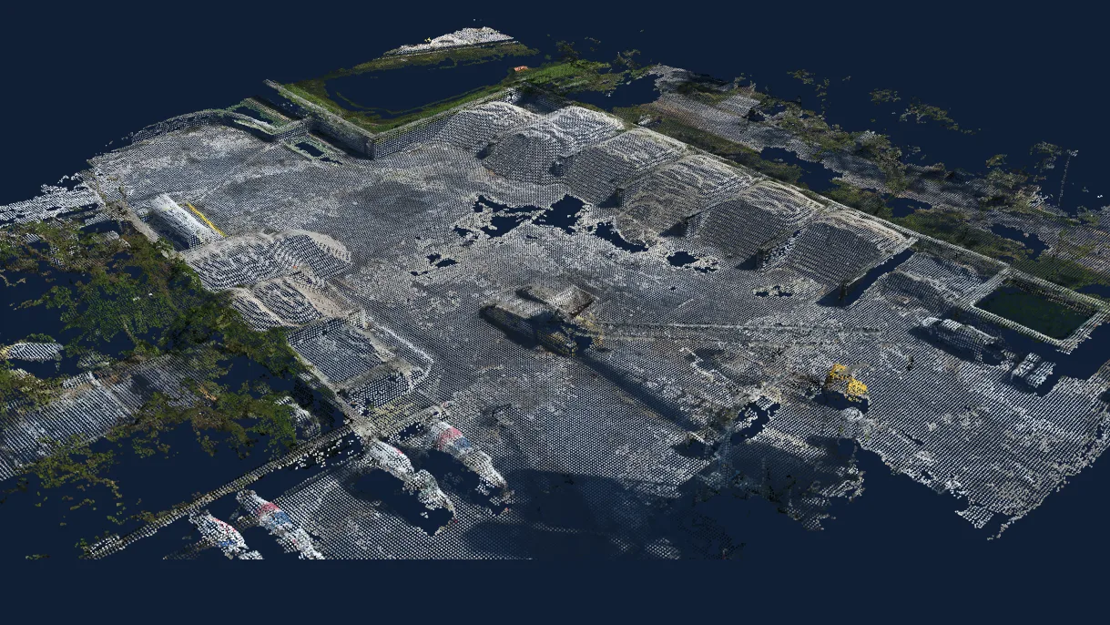 3D point cloud of a ready-mix concrete plant and its aggregate stockpile bays, in true color