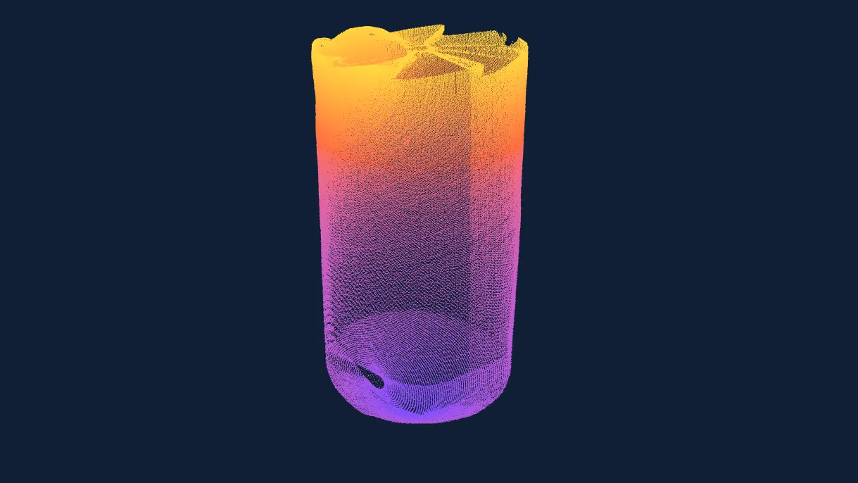 Isometric view of an EOS2 LiDAR point cloud of a silo interior, from the roof structure down to the material surface