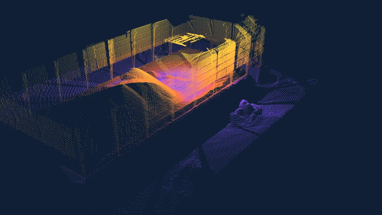 EOS2 LiDAR point cloud of a stockpile inside a storage bay, colored by height