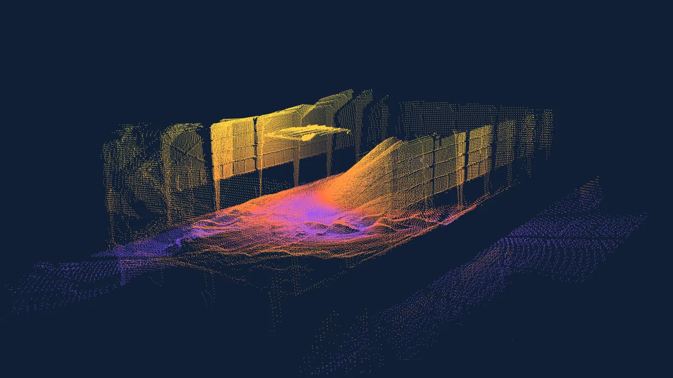 EOS2 point cloud of a stockpile inside a storage bay, colored by height