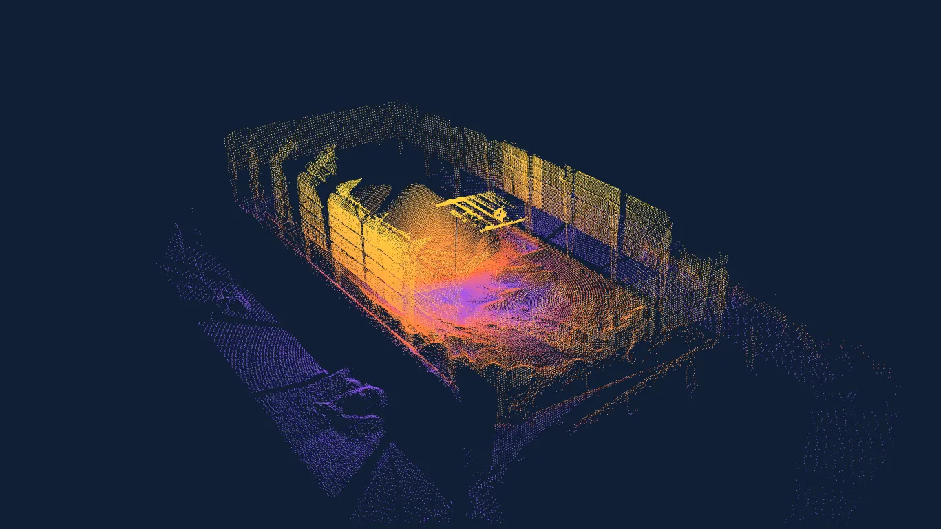 EOS2 LiDAR point cloud of a stockpile inside a storage building
