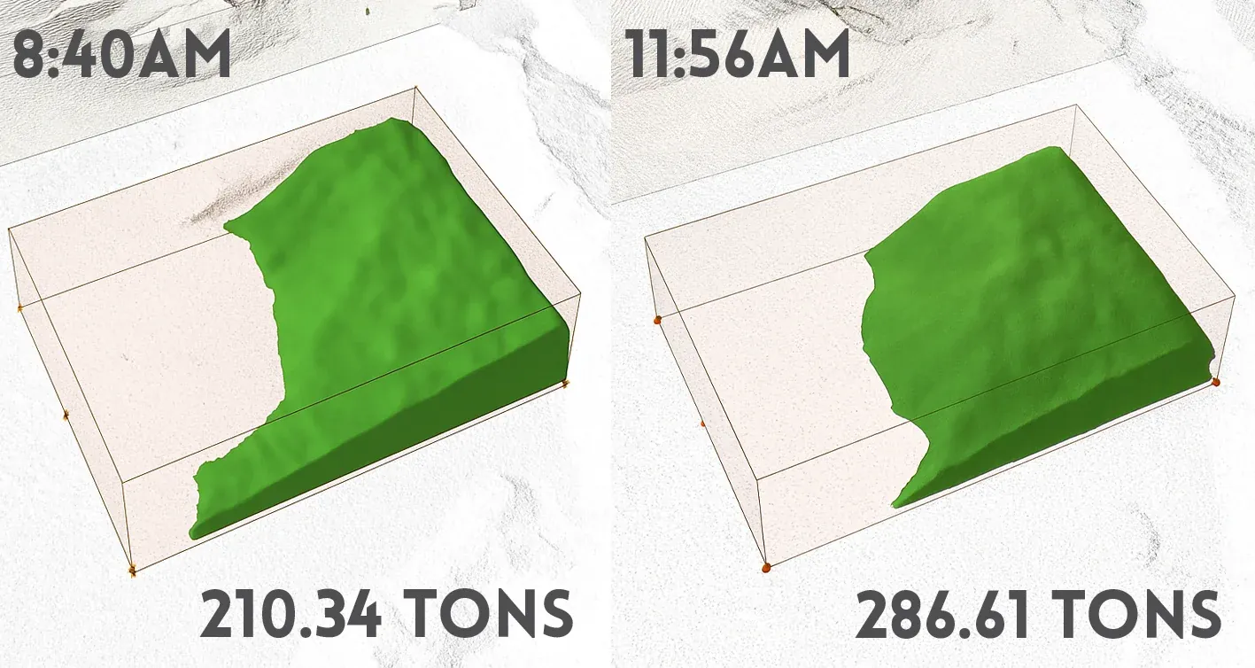 Control test 1: Hyperion 3D models of an aggregate bin before and after a delivery at the Ocala RMX plant