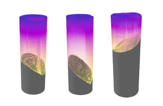 Three silo scans showing sloped material surfaces at different fill levels, colored by height